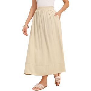 Women's Linen Skirt Summer Casual High Elastic Waist A-Line Midi Skirts